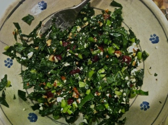 Lacinato kale with cherries, chevre, and toasted pecans. 